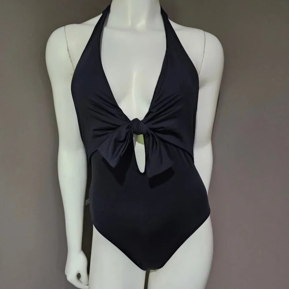 Vince Camuto Plunging Tie-Front Halter One-Piece Swimsuit